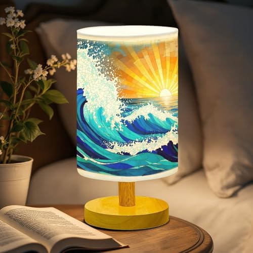 Sea and Ocean Waves Table Lamp LED 3-Color Pressed Bedside, Sea and Ocean Waves Shade Lamp with Wood Base for Bedroom Living Room Desk Office TL01