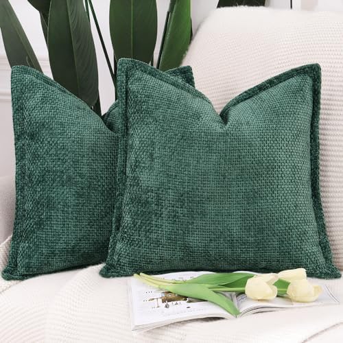 MADIZZ Decorative Chenille Velvet Throw Pillow Covers Set of 2 Soft Boho Textured Neutral Couch Throw Pillow for Bed Modern Farmhouse Home Decor for Sofa Livingroom Dark Green 24x24 Inch Euro Sham