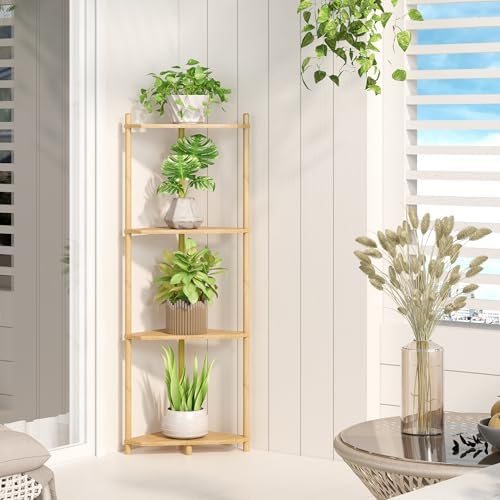 Wisuce Natural Small Corner Shelf Stand, 4-Tier Bamboo Corner Bookshelf