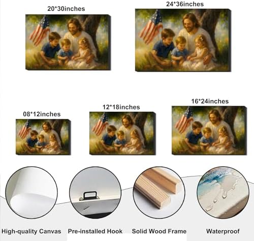 RIBNTAK Made in USA Patriotic Christian Wall Art, Jesus with Kids and US Flag Canvas Print, Inspirational Religious Home Decor for 4th of July, Memorial Day, and Christian Family Gifts