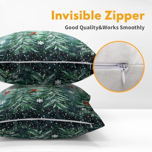 Watercolor Tree Throw Pillow Cover 22x22 inch Set of 2 Christmas Dark Green Trees Pillowcases Winter Red Bird Snowflake Decorative Cushion Covers Rustic Forest Pillow Protector for Home Sofa