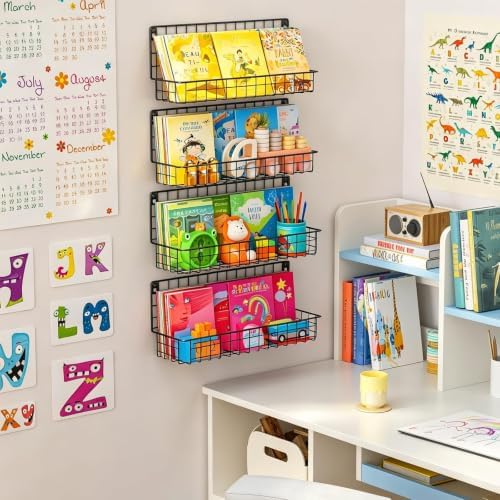 X-cosrack 4-Pack Wall Mounted Metal Kids Bookshelf, Floating Book Shelves for Kids Nursery Toddler Classroom, Hanging Book Shelf Organizer for Room Decor, Black