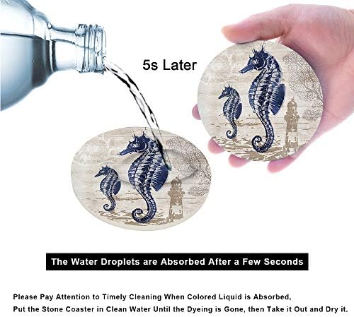 Absorbent Coasters Natural Ceramic Thirsty Stone Navy Blue Octopus Seahorse Crab Turtle Ocean Theme Coaster Set for Drinks Cork Backing (sea Animals)…
