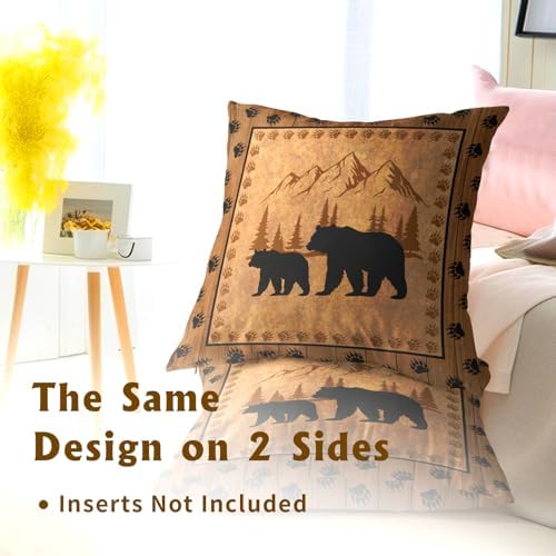 Bear Throw Pillow Covers 24x24 Inch Set of 2 Retro Brown Mountain Decorative Pillowcase Rustic Cabin Bear Hunting Animal Paw Prints Decorative Cotton Cushion Case for Home Sofa Bedroom
