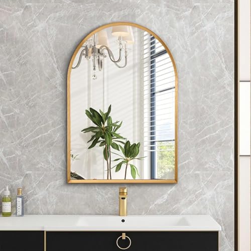 Arched Mirrors for Wall, White Bathroom Mirror Brushed Metal Vanity Wall Mounted Mirror for LivingRoom Bedroom Entryway Room Vanity Home Decor 26"x18"