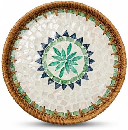 Boho Handwoven Rattan Tray with Mother of Pearl Inlay, 30cm Round Decorative Tray, Wooden Base Serving Tray for Breakfast, Vanity, Coffee Table & Wall Hanging Decor (Size:Middle, Pattern:GreenSun)
