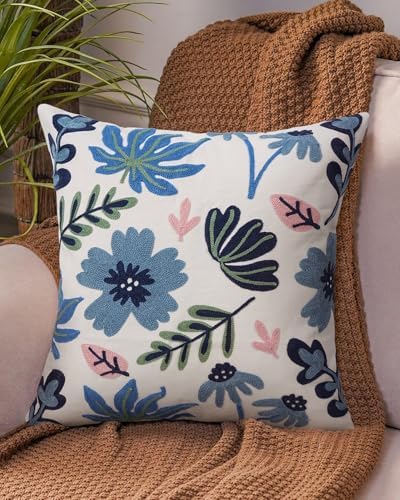 Embroidered Floral Boho Throw Pillow Cover 18x18 Inch - Decorative Cotton Pillow Case for Couch, Sofa, Bedroom, Living Room - Farmhouse Home Aesthetic Housewarming Gifts (Blue Serenity, 18" x 18")