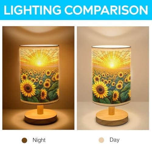 Sunflower Field Table Lamp LED 3-Color Pressed Bedside, Sunflower Field Shade Lamp with Wood Base for Bedroom Living Room Desk Office TL01