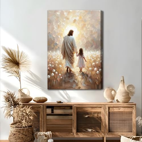 Jesus Walking with Girl Wall Art Christian Kids Room Wall Decor Jesus Children Prints Painting Christian Religious Artwork I Will Walk With Christ Prints for Girl Room Bedroom 16x24 Inch Ready to Hang