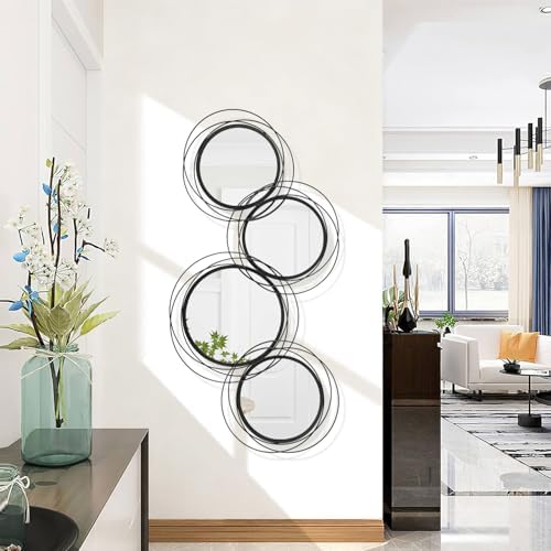 Black Wall Mirror Set, Metal Framed Round Mirror 4 Pack Circle Modern Decorative Mirrors for Living Room Bedroom Bathroom Entryway 20x40 Inch Home Decor