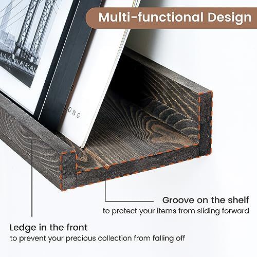FLYJOE Picture Ledge Wall Shelves 16 inch Width Set of 2, Solid Pine Wood Rustic Floating Ledge Shelves for Wall for Kids' Room Bedroom Kitchen Bathroom Living Room Nursery Display Wall Decor, Grey