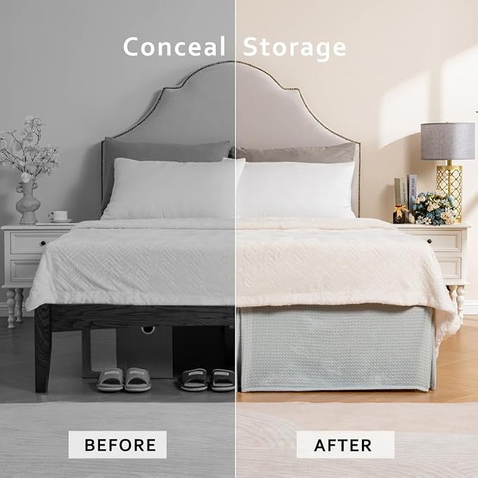 MIYE Pleated Waffle Weave Bed Skirt, Tailored Dust Ruffle 16 Inch Drop Easy Fit, Machine Washable (Light Grey, King - 16" Drop)
