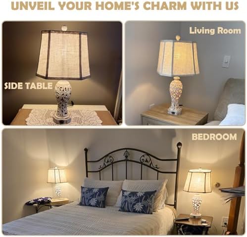 25'' Farmhouse Table Lamp for Living Room Bedroom with USB C+A
