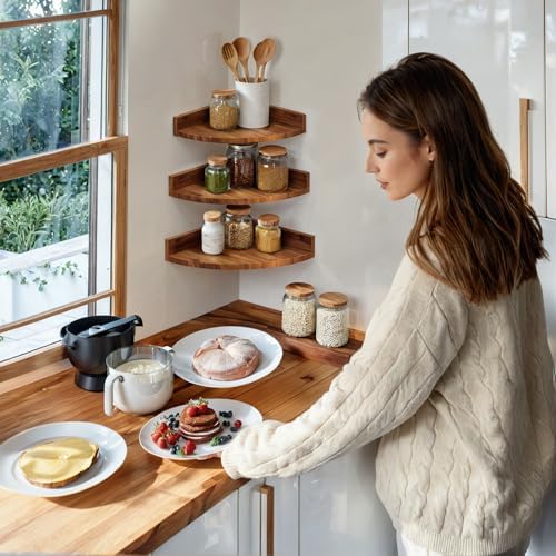 Demigo Corner Shelf Wall Mount Set of 3, Solid Acacia Wood Round Floating Corner Shelves for Storage and Display, Hanging Wood Shelves for Bedroom, Kitchen, Living Room, Bathroom (Brown)