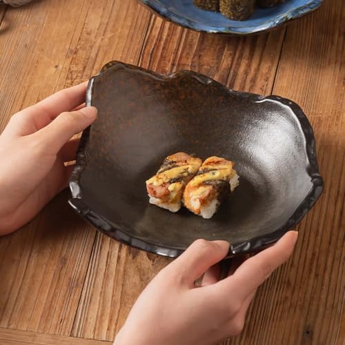 8" Small Ceramic Decorative Bowl 1 Pice – Irregular Rim Reactive Glaze Candy Plate, Berry Bowl, Entryway Catchall, Japanese Style Fruit Dish for Tabletop or Home Decor (Black)