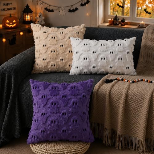 DFXSZ Halloween Pillow Covers 18x18 inch 2Pcs Beige Ghost Halloween Decor