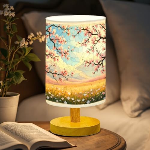 Cherry Blossom Field in Full Bloom Table Lamp LED 3-Color Pressed Bedside, Cherry Blossom Field in Full Bloom Shade Lamp with Wood Base for Bedroom Living Room Desk Office TL01
