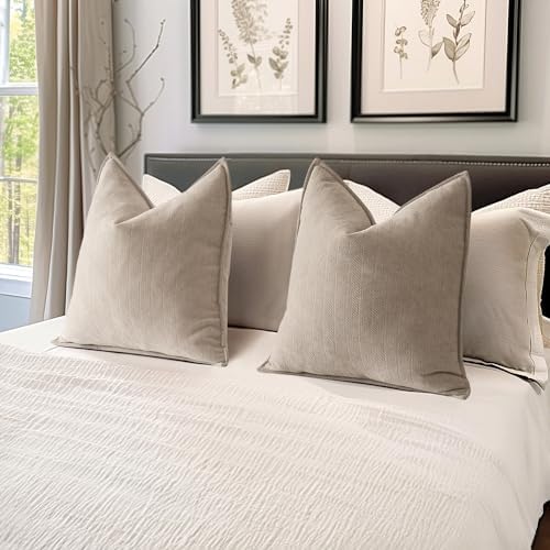 Beige Chenille Throw Pillow Covers 16x16 Inch Set of 2