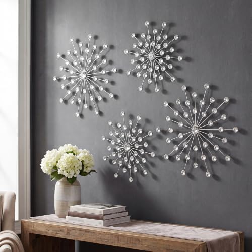 ZEXUIRU 4 Set Silver Starburst Wall Art for Home Decor Metal Bling Crystal Rhinestones Sunburst Wall Decor Sparkling Rhinestone Art Accent Silver - 13 in
