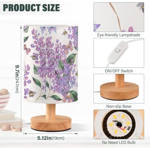 Table Lamp Purple Lilac Flower Bee Butterfly Nature Floral Nightstand Lamp with Wood Base Fabric Lamp Shade Bedside Desk Lamp for Living Room Bedroom Kids Room Office