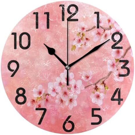 Naanle Stylish Spring Beautiful Pink Cherry Blossom Print Round Wall Clock, 9.5 Inch Battery Operated Quartz Analog Quiet Desk Clock for Home,Office,School