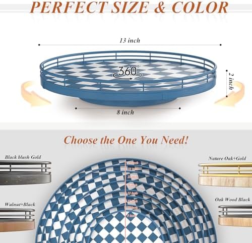 Blue and White Checkerboard Lazy Susan with Rubberwood Base and Metal Rail