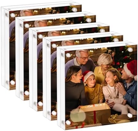 AMEITECH 5x5 Acrylic Picture Frame, Clear Double Sided Frameless Photo Frame with Magnetic, Free Standing Desktop Acrylic Frame Display, Lucite Frame with Gift Box Package - 1 Pack