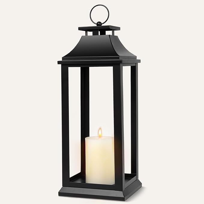 Modern Farmhouse Black Lantern Candle Holder – 22” Hanging Decorative Lantern for Indoor & Outdoor Home Décor – Ideal for Parties, Weddings, Porches, and Events (No Glass Panel), Size Large