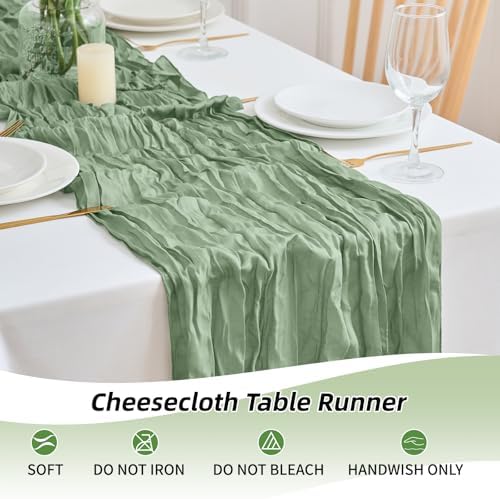 16 Pack Sage Green Cheesecloth Table Runner 21.5 x 120 Inches Boho Gauze Table Runners 10FT Long Cheese Cloth Table Runner for Bridal Shower Baby Shower Birthday Party Wedding Decor