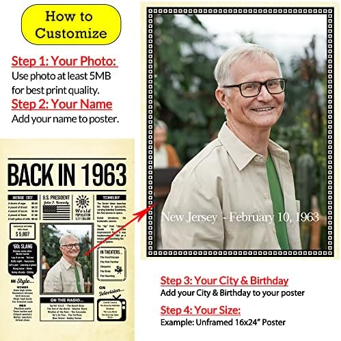 Personalized 62 year old birthday gifts - Back in 1963 Poster - Centerpiece Table Decorations 62nd Birthday Party - Custom Born in 1963 Newspaper Vintage Poster for Men, Women