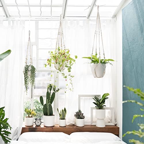 Mkono 3 Pack Macrame Plant Hangers Hanging Planters for Indoor Plants Ivory