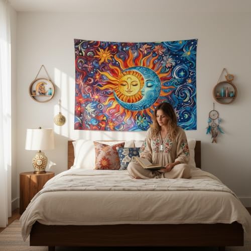 Accnicc Sun and Moon Tapestry Boho Hippie Orange Red Blue Floral Tapestry for Bedroom Aesthetic Abstract Plant Flowers Stars Small Tapestries Wall Hanging for Living Room Dorm 60 x 44 Inch