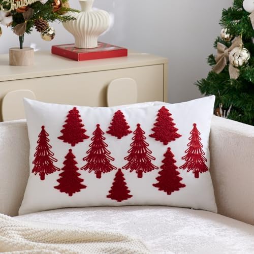White Christmas Pillow Covers 12x20 Inch Embroidery Red Xmas Trees Decorative Lumbar Throw Pillow Cover Winter Holiday Pillow Case Cushion Cases for Sofa Couch Living Room Decorations