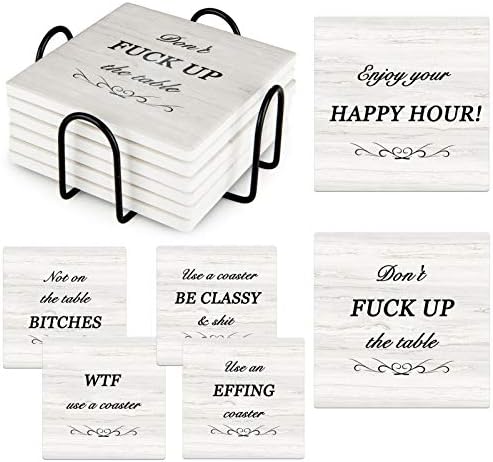 Funny Coasters for Drinks Absorbent with Holder, Coasters Set of 6 for Wooden Table Housewarming Gift New Home Apartment Kitchen House Decor Gift for Women Men