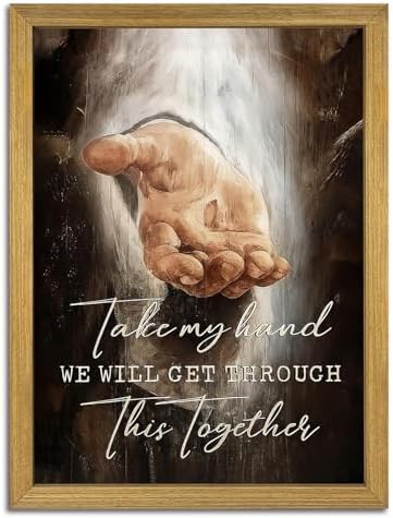 Framed Jesus Wall Art Christian Canvas Wall Decor Painting The Hand of God Posters Prints Pictures Inspirational Art Decorative Oil Paintings for Church Prayer Room Living Room Home 8x10 Inch