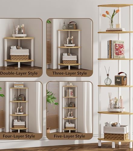 Corner Shelf, 6-Tier Corner Bookshelf, Industrial Corner Ladder Shelf, DIY Storage Shelves, Rustic Display Shelf for Living Room, Bedroom, Kitchen, Home Office, White and Nature Wood Color UJSJ004Q