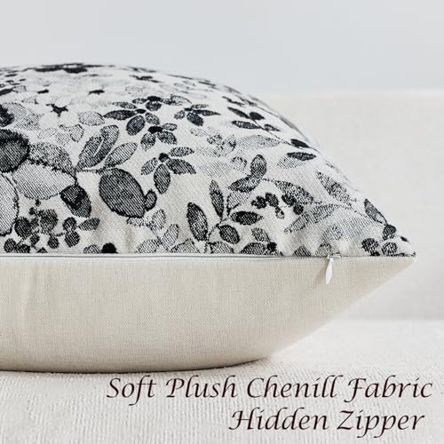 Vintage Floral Lumbar Pillow Covers 12x20 Pack of 2 Country Farmhouse Accents Chenille Jacquad Rectangular Decorative Throw Pillow Cases for Living Room Couch Bed Home Decor, Black