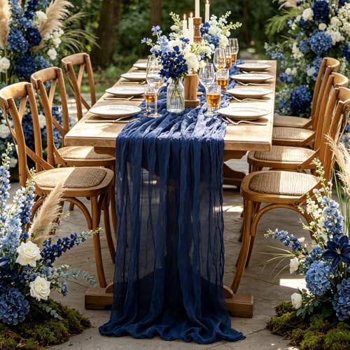 Navy Blue Table Runner, 10FT Rustic Gauze Blue Table Runner 35*120inch Boho Table Runners for Wedding Bridal Shower Birthday Baby Shower Table Centerpiece Decorations