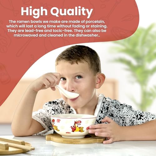 XWORLD Japanese Ceramic Ramen Noodle Bowls Set with Ceramic Spoon, Bamboo Chopsticks, Lid & Trivet, Serving Capacity of 20 OZ, Microwavable Oven Safety (2.75” x 5.75” D) (Dragon and money)