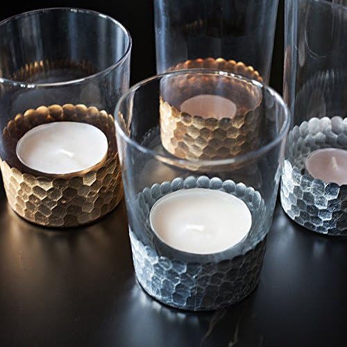 Hosley Argea Loral Flower Vase - Silver Glass Vase LED Lantern Candle Holder, 4.3 Inch High, Ideal Vases for Centerpieces, Wedding, Garden Party, Home Decor, Office, Spa, Aromatherapy