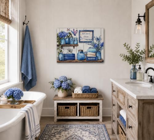 Navy Blue Farmhouse Bathroom Canvas Wall Art Blue Flowers and Butterflies Painting Picture Wall Decor Poster Print Artwork for Toilet Washroom Restroom Home Decoration