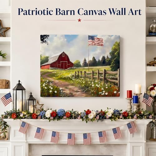 RIBNTAK Farmhouse Red Barn & American Flag Canvas Print, Rustic Wildflower Meadow Patriotic Wall Art, 4th of July Holiday Decoration for Home, Office & Rustic Interiors, Made in USA