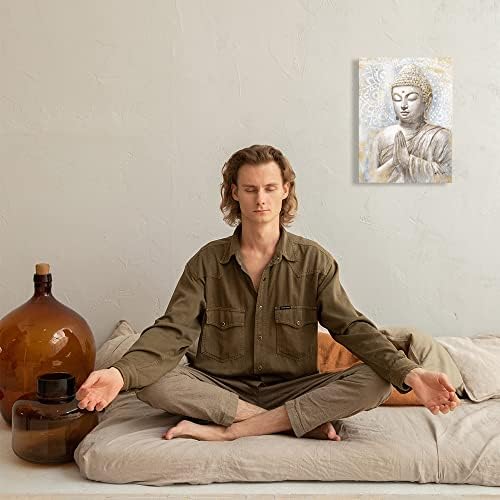 Gold Buddha Wall Art Decor: Small Laughing Buddha Painting with Mandala Flower and Gold Leaf Buddha Pictures for Living Room Bedroom Yoga Room Buddhist Meditation Room Home Decorations 12x16inch