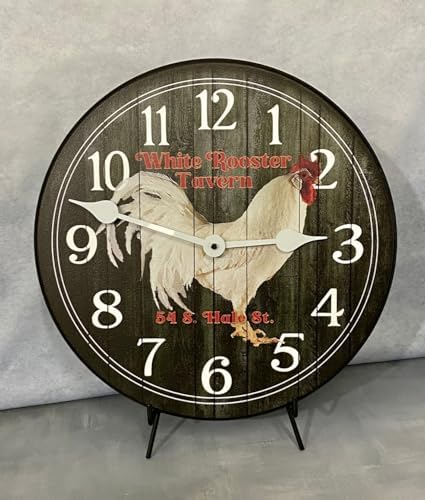White Rooster Tavern Wall Clock | Ultra Quiet Quartz Mechanism | Hand Made in USA Beautiful Crisp Lasting Color | Comes in 8 Sizes | 18-Inch