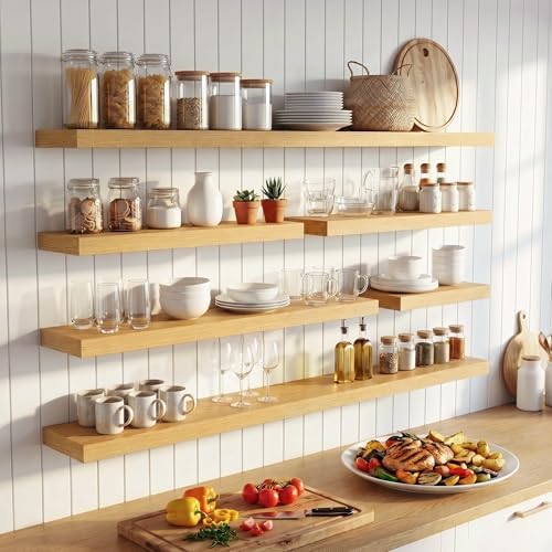 FLYJOE 24 Inch Floating Shelves for Wall Set of 2, 6.5" D Wood Grain Bathroom Shelves with Invisible Brackets, Easy Install Engineered Wood Storage Shelves for Kitchen, Living Room, Bedroom