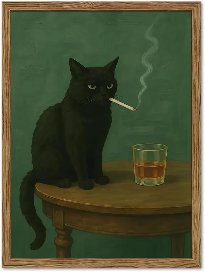 Moody Black Cat Wall Art, Funny Smoking Cat with Whiskey Wall Decor Painting Dark Humor Animal Bar Cart Poster Canvas Prints for Living Room Bedroom 16x24 inch Wood Framed