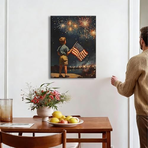 RIBNTAK Patriotic 4th of July Fireworks and American Flag Canvas Wall Art, Little Boy with US Flag Painting, Independence Day Wall Decor for Living Room, Bedroom, Home and Office, Made in USA