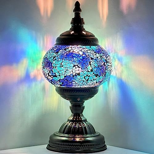 SILVERFEVER Handcrafted Mosaic Turkish Lamp Moroccan Glass Table Desk Bedside Light Bronze Base with E12 Bulb (Deep Blues)