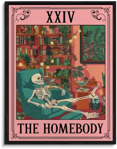 Spooky Framed Wall Art the Homebody Tarot Card Poster Wall Decor | Sarcastic Skeleton Print Painting for Home Office Living Room Bedroom Decoration 11.5x15 Inches