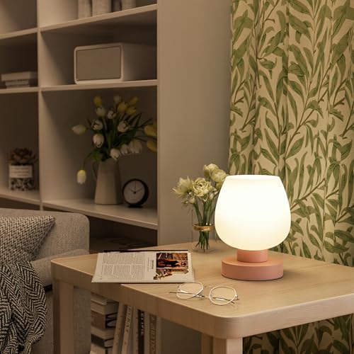 Seealle Pink Touch Table Lamp for Nightstand - Small Bedside Lamp for Bedroom Living Room Night Stands, Desk Lamp with White Glass Shade for Small Spaces, 3 Way Dimmable, LED Bulbs